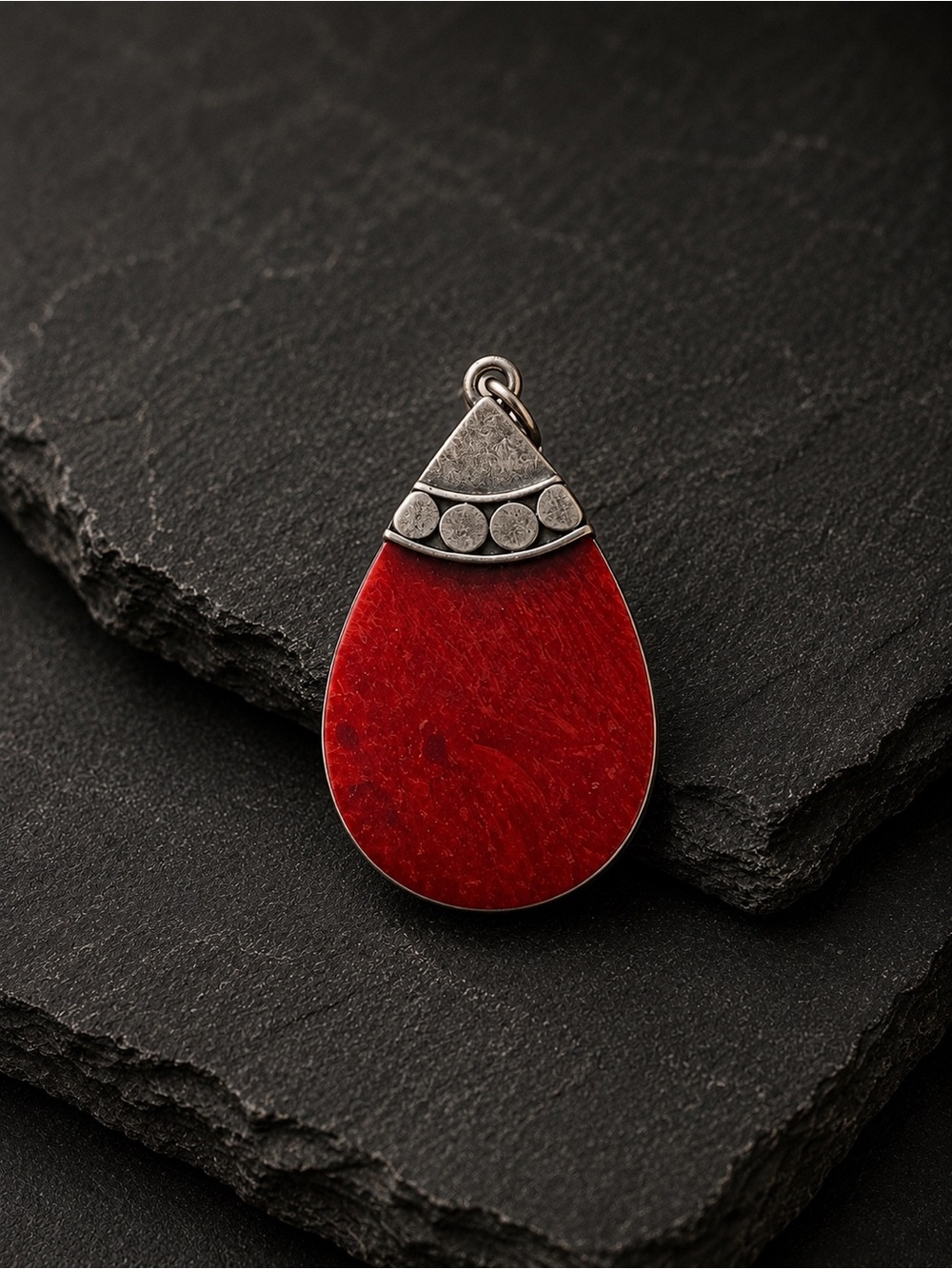 Vintage 925 Sterling Silver Red Coral Teardrop Pendant Necklace • 18” Chain